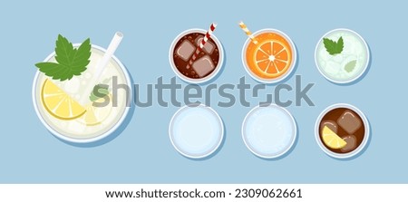 Refreshing soda menu in glasses. View from above. A set of different types of carbonated drinks: lemonade, orange, dark brown, cold tea, water and still water. Summer cool juice. Vector illustration.