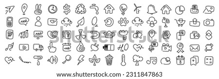 Large set of web icons for social networks and applications. Cartoon
linear signs SEO and promotion, user interface, ecology. Vector doodles isolated on white background.