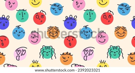 Round abstract comic faces with different emotions. Seamless background with various colorful characters. cartoon style. flat design. Set of vector emoticons for print, paper, fabric.