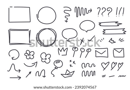 Arrows, sketch and doodle design elements. Hand drawn set of icons, frames, underlines, drawings in cartoon style. Cute isolated collection for office. Vector illustration of simple ink.