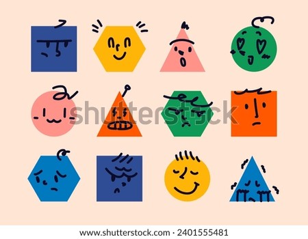 Abstract comic faces with different emotions. Various colorful characters in the form of geometric shapes. Cartoon style. Flat design. Set of vector emoticons.