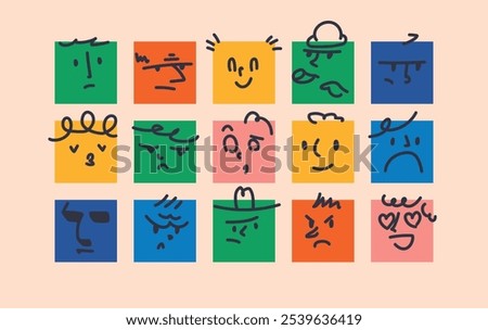 Abstract comic faces with different emotions. Various colorful characters in the form of geometric shapes square . Cartoon style. Flat design. Set of vector emoticons.