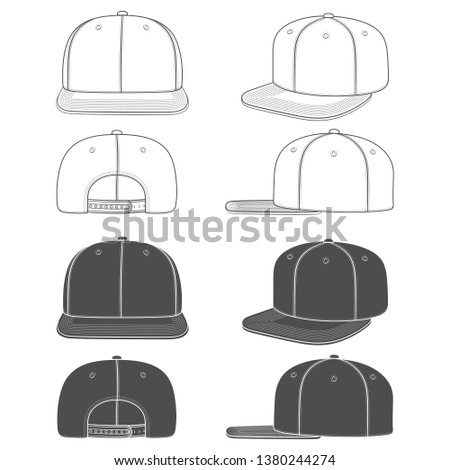 Set of black and white images of a rapper cap with a flat visor, snapback. Isolated objects on white background.