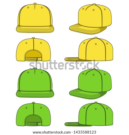 Set of color images of a rapper cap with a flat visor, snapback. Isolated vector objects on white background.