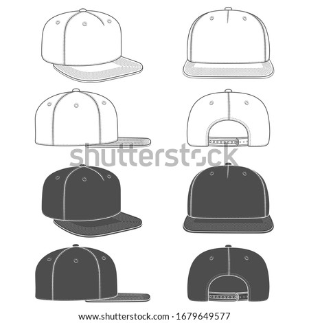 Set of black and white illustration of rapper cap with a flat visor, a snapback. Isolated objects on white background.
