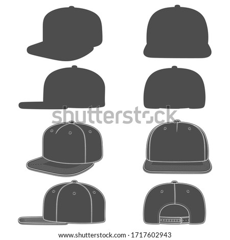 Set of black and white images of a snapback, rapper cap with a flat visor. Isolated objects on white background.