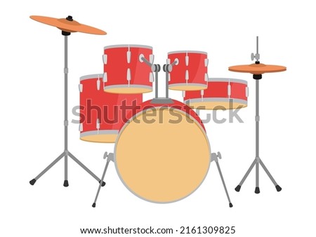 Red drum set vector design. Drum kit flat style vector illustration isolated on white background. Drum set with cymbals musical instruments. Drum set clipart. Percussion instruments family