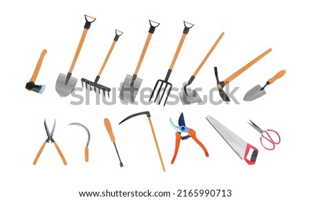 Gardening tools set watercolor illustration isolated on white background. Garden items clipart bundle. Axe, shovel, spade, rake, pitchfork, hoe, mattock, trowel, sickle, scythe, pruning saw, pruners