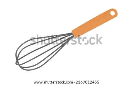Simple whisk watercolor drawing vector illustration isolated on white background. Balloon whisk clipart. Whisk with wooden handle cartoon hand drawn. Kitchen utensils for mixing, whisking, cooking egg