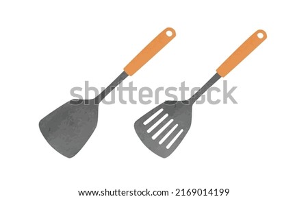 Set of kitchen spatula with wooden handle watercolor vector illustration isolated on white background. Solid spatula and slotted spatula hand drawn cartoon. Simple solid and slotted spatula clipart Foto stock © 