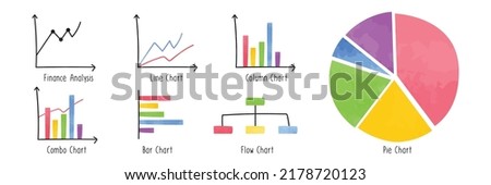 Set of charts and graphs clipart. Different types of charts watercolor style vector illustration. Graph collection data and analytics diagram cartoon hand drawn doodle style. Business concept drawing