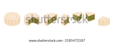 Set of whole, half, a quarter cut slice of sticky rice mooncake with green tea and pumpkin seeds ingredient filling clipart. White mooncake vector design illustration. Mid-Autumn Festival moon cake