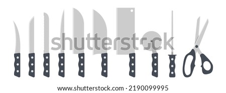 Set of kitchen knives clipart vector illustration. Knife with plastic handle flat design. Peel, vegetable, fillet, santoku, cleaver, pizza cutter, knife sharpener, scissors. Kitchen concept icon logo