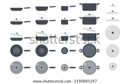 Full set of kitchen cooking pots and pans clipart vector illustration. Kitchen frying pan, cooking pot sign flat vector design. Kitchen pots and pans with and without lids icon. Kitchen concept