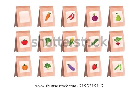 Set of vegetable seeds packages watercolor illustration isolated on white background. Packs of plant seeds clipart cartoon style. Vegetable seeds package watercolor collection. Tomato, spinach, radish