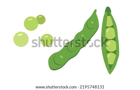 Simple green pea clipart vector illustration isolated on white background. Pod of green peas flat cartoon style. Green peas sign icon. Organic food, vegetables and restaurant concept