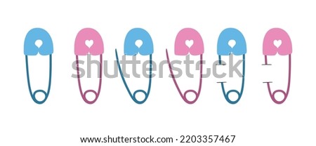 Set of blue and pink safety pins clipart. Close, open and pinned safety pin flat vector illustration. Diaper pins cartoon style icon. Kids, baby shower, newborn and nursery decoration concept
