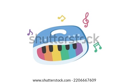 Baby piano clipart. Simple cute kids toy piano with colorful keyboard flat vector illustration. Baby battery piano with seven keys cartoon style. Kids, baby shower, newborn and nursery decoration
