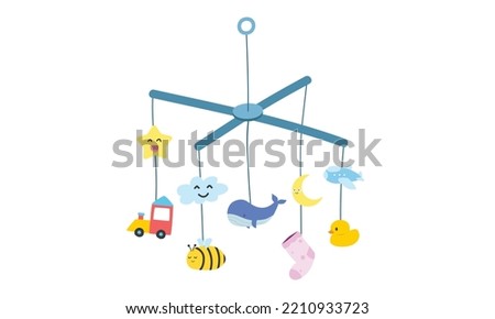 Baby mobile toy clipart. Simple crib mobile hanging toy for baby flat vector illustration isolated. Baby mobile with cute star, cloud, moon, whale, rubber duck, bee, sock, airplane toy cartoon style