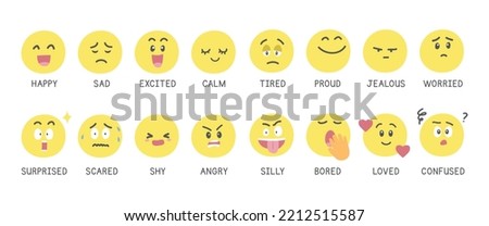 Vector set of face emotions. Emoticons or feelings clipart. Cartoon emoji set. Happy, sad, excited, calm, surprised, scared, shy, angry, tired, proud, jealous, worried, silly, bored, loved, confused