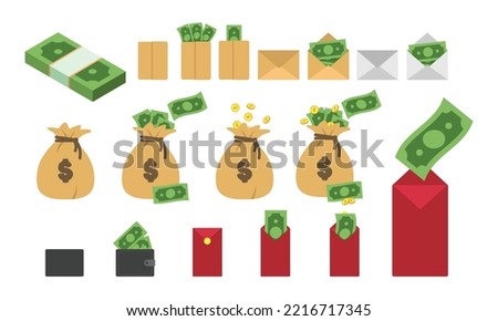 Big set various kind of money packages clipart vector design illustration. Green banknote dollar bills packed in paper envelope, mail, money bag, wallet, lucky money flat icon cartoon. Finance concept