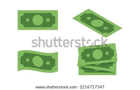 Paper money clipart. Cash vector design illustration. Green banknote one dollar bills in different poses flat icon cartoon isometric style. Money, banknote, investment, finance, wealth, budget concept