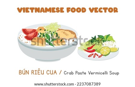 Vietnamese crab paste and tomato vermicelli rice noodle soup flat vector design. Bun Rieu Cua clipart cartoon style. Asian food. Vietnamese cuisine