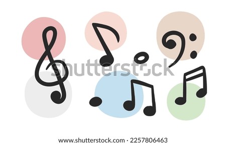 Vector set of musical notations with multiple decorative dots in the background. Treble clef, bass clef, eighth note, quaver, sixteenth note, semiquaver musical symbols vector cartoon hand drawn style