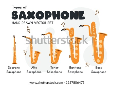 Types of saxophone clipart cartoon style. Simple cute soprano, alto, tenor, baritone, bass saxophone types flat vector illustration. Brass musical instrument hand drawn doodle. Saxophone vector set
