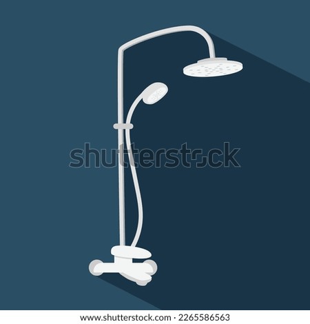 Shower with long shadow in flat style vector illustration. Simple shower head clipart cartoon hand drawn doodle style. Cute vector illustration