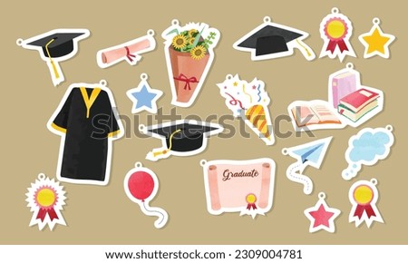 Graduation clipart cartoon stickers set. Graduation gown, cap, diploma, confetti, ribbon, flower bouquet stickers vector design. School graduation concept