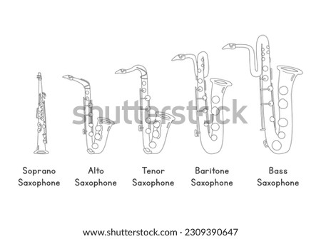 Types of saxophone line drawing vector set. Soprano, alto, tenor, baritone bass saxophone cartoon style, line art hand drawn