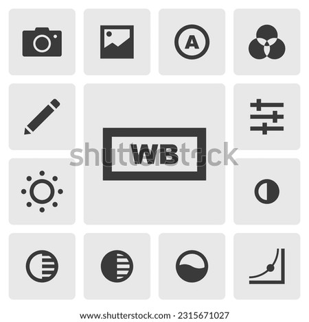 White balance icon vector design. Simple set of photo editor app icons silhouette, solid black icon. Phone application icons concept. Color, brightness, contrast, white, shadow, saturation buttons