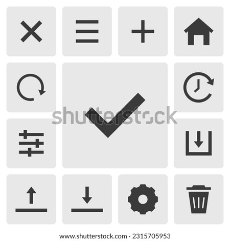 Okay icon vector design. Simple set of smartphone app icons silhouette, solid black icon. Phone application icons concept. Ok, select, checked, tick, cancel, menu, add, home, save, setting buttons