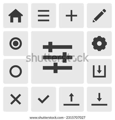 Filter icon vector design. Simple set of photo editor app icons silhouette, solid black icon. Phone application icons concept. Adjust, home, menu, add, edit, select, setting, save, upload, download