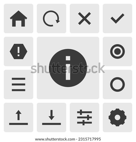 Information icon vector design. Simple set of smartphone app icons silhouette, solid black icon. Phone application icons concept. Home, refresh, menu, setting, adjust, ok, cancel, information buttons