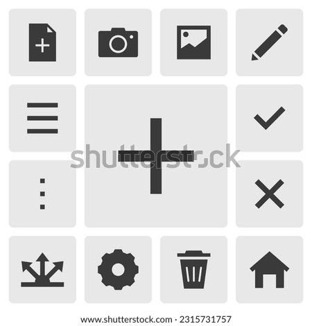 Add icon vector design. Simple set of smartphone app icons silhouette, solid black icon. Phone application icons concept. Add, menu, home, cancel, option, edit, delete icons buttons