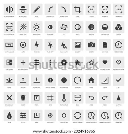 Photo editor app icon set. Crop, flip, rotate, filter, brightness, contrast, silhouette sign icon symbol pictogram vector illustration