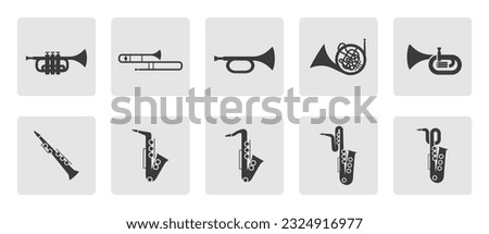 Brass instruments icon set. Trumpet, trombone, tuba, bugle, saxophone, French horn silhouette sign icon symbol pictogram vector illustration