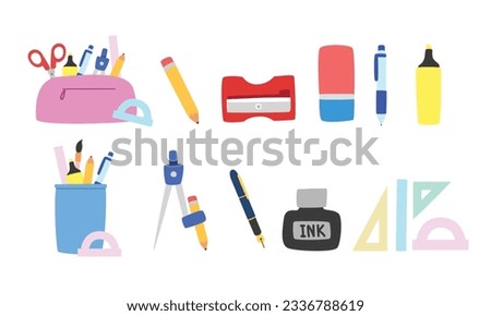 School supplies vector set. Pencil case, sharpener, eraser, highlighter, fountain pen, ink, compass, ruler flat vector illustration cartoon style clipart. Students, classroom, back to school concept