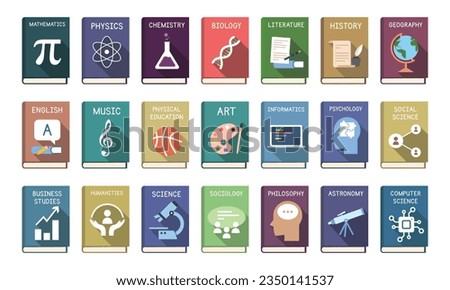 Vector set of school subjects textbooks icons flat style with long shadow. Mathematics, Physics, Chemistry, Biology, Literature, History, Music, Geography books cover vector illustration. Logo design