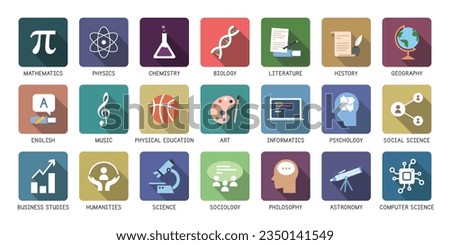 Vector set of school subjects icons flat style with long shadow. Mathematics, Physics, Chemistry, Biology, Literature, History, Geography, Music, Physical Education vector illustration. Logo design