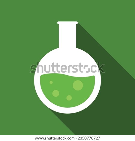 Round bottom flask with green chemical liquid flat icon with long shadow. Simple Chemistry icon pictogram vector illustration. Laboratory, experiment, medical, Chemistry concept. Logo design