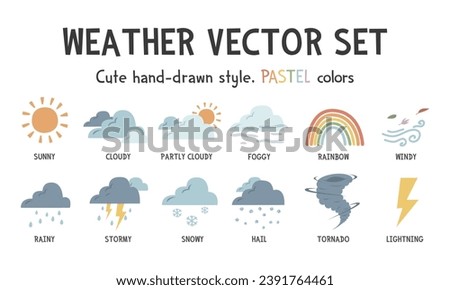 Weather vector set. Cute weather vector illustration with names. Colorful pastel weather events clipart cartoon flat style. Sunny, cloudy, windy, rainbow, foggy, stormy, rainy, snowy, hail