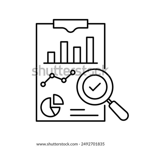 insight or assesment icon like kpi metric. outline stroke design or simple graphic validate doc logotype element for business or web. concept of violating search or regulation process or finance model