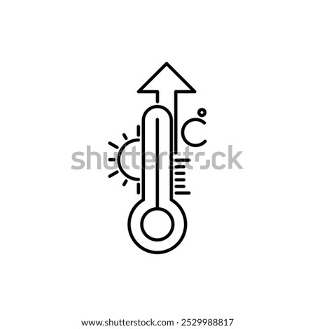 High Temperature Scale Line Icon. Flu, Cold, Virus and Fever Symptoms. Thermometer with Arrow Up Pictogram. Increased Temperature of Human Body Linear Icon. Editable stroke. Vector illustration.