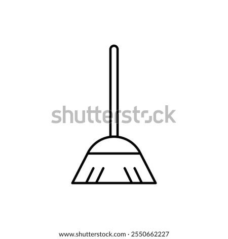 Thin Outline Icon Broom, Besom or Short Brush of Bound Straw Near a Pile of Garbage. Such Line sign as Cleaning Garbage, Cleanup, Sweeping. Vector Computer Pictograms White Background Editable Stroke.