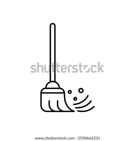 Thin Outline Icon Broom, Besom or Short Brush of Bound Straw Near a Pile of Garbage. Such Line sign as Cleaning Garbage, Cleanup, Sweeping. Vector Computer Pictograms White Background Editable Stroke.