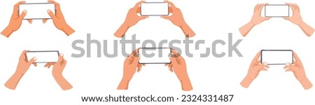 Set hand holding phone in landscape  mode with blank space isolated on white background. take photo, video and playing game concept using smartphone. Icon, Flat cartoon Vector illustration style