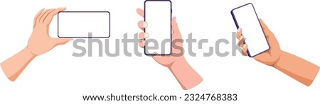 Hand holding smartphone, phone mockup, empty screen, copy space, application on touch screen device isolated on white background.  Vector illustration.